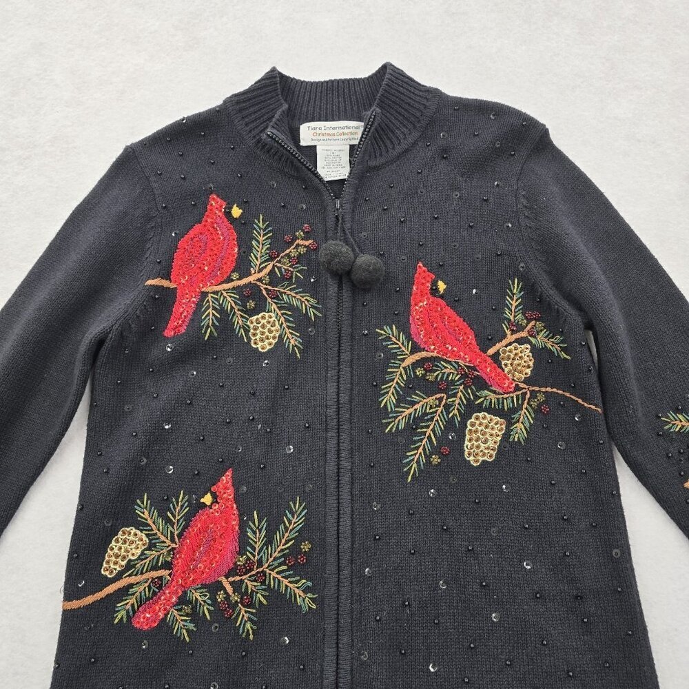 VTG Tiara International Christmas Zip Up Cardinal Cardigan Beaded Sweater Size M - Picture 4 of 8